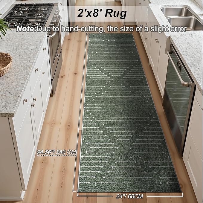 LIVEBOX Green Runner Rug for Kitchen 2x8, Boho Washable Runner for Hallway, Moroccan Cotton Long Entryway Area Rug Indoor Carpet for Bedroom Laundry Doorway Entry(Green & White)