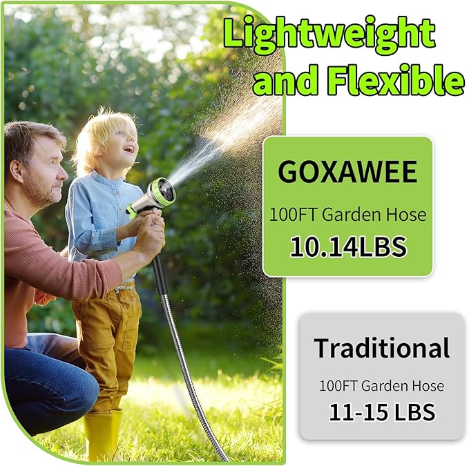 GOXAWEE Garden Hose 100FT, Stainless Steel Heavy Duty Water Hose With 10 Function Nozzle, No-Kink, Tough & Flexible, Sturdy and Lightweight, Rust Proof for Yard, Outdoor, RV