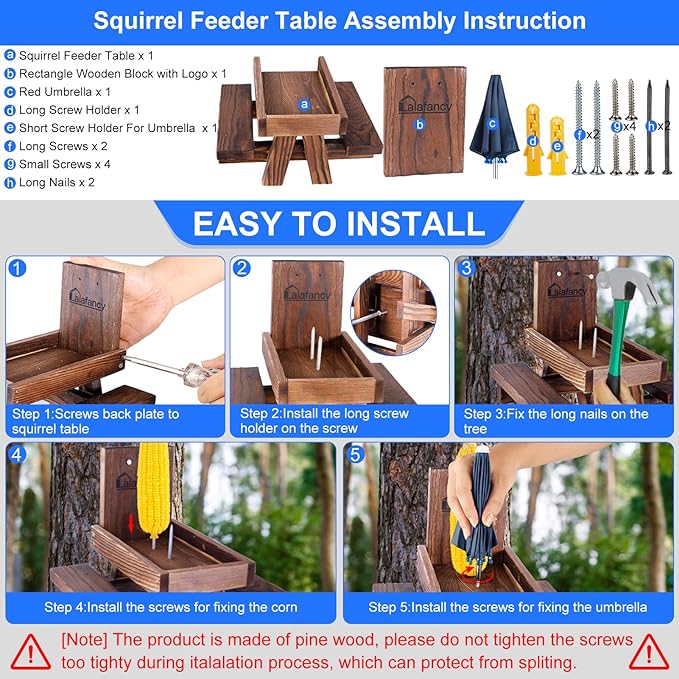 Squirrel Feeder Picnic Table with Umbrella, Lalafancy Carbonized Wood Squirrel Feeder for Outside Funny Chipmunk Feeder with Corn Cob Holder Structure Solid for Squirrel Gift