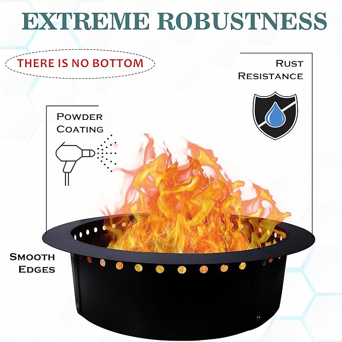 FEBTECH Smokeless Fire Pit Insert - Steel 36" Round Foldable Fire Pit Ring with Air Vents and Coller Support - DIY Fire Ring in or Above Ground for Outdoor Garden Bonfire Patio Camping Accessories