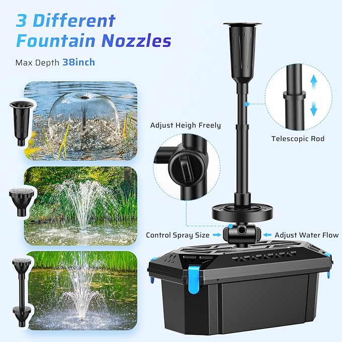 Antfraer 660GPH Pond Filter with RGB Auto-Cycle LED Lights - Built-in 40W Pump & 3-Stage Pond Filters for Outdoor Ponds, Koi Fish Ponds, Garden Fountains, Waterfalls & Aquariums (Corded Electric)
