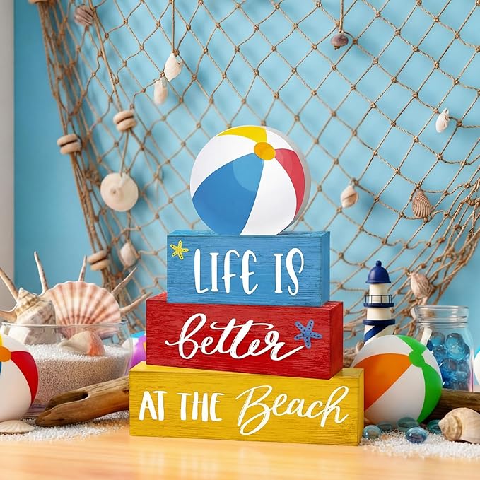 4 Pcs Summer Table Decor Rustic Beach Ball Wooden Signs Life Is Better at The Coastal Tiered Tray Decor Farmhouse Summer Centerpieces for Tabletop Home Office Desk Shelf Pool Party Decorations