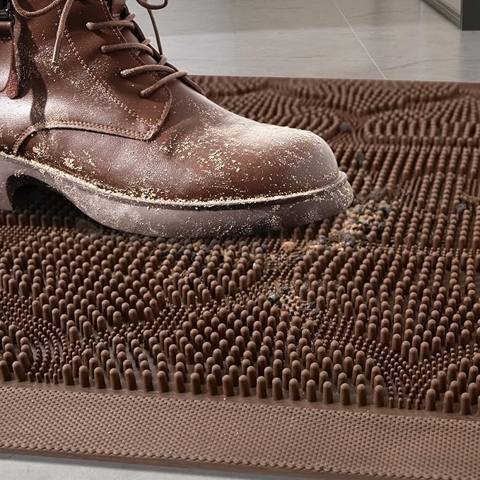 FRAMICS Front Door Mat Outside Entrance, Heavy Duty Rubber Door Mats Non-Slip Waterproof Welcome Doormat Outdoor, Low Profile Patio Doormats Dirt Trapper Indoor Mats for Entryway, 17x30 Inches, Brown