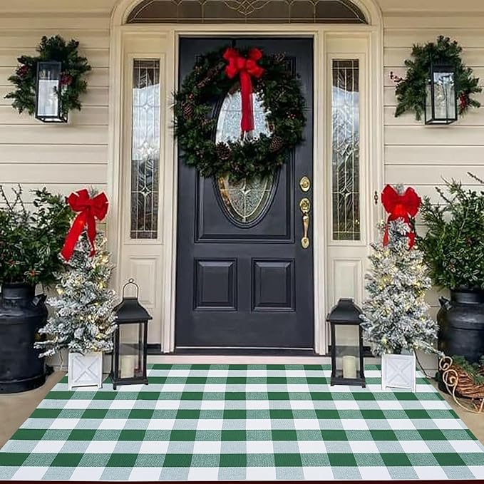 CAINANEL Green and White Buffalo Plaid Outdoor Rug Spring Door Mat Layering Rug Welcome Doormats for Spring Easter Farmhouse Entrance Porch Outdoors Decor