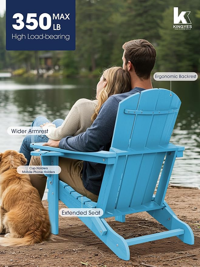 KINGYES Folding Adirondack Chair Set of 4, Dual Cup Holders & All-Weather HDPE, Wood-Like Patio Chair for Backyard, Camping, Pool & Fire Pit, Light Blue