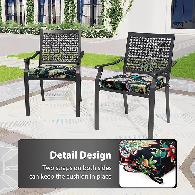 Outdoor Chair Cushions Set of 4, 18.5 x 16 Inch Patio Chair Cushions for Outdoor Furniture, Water Resistant, Non-Slip Ties(Black Floral)
