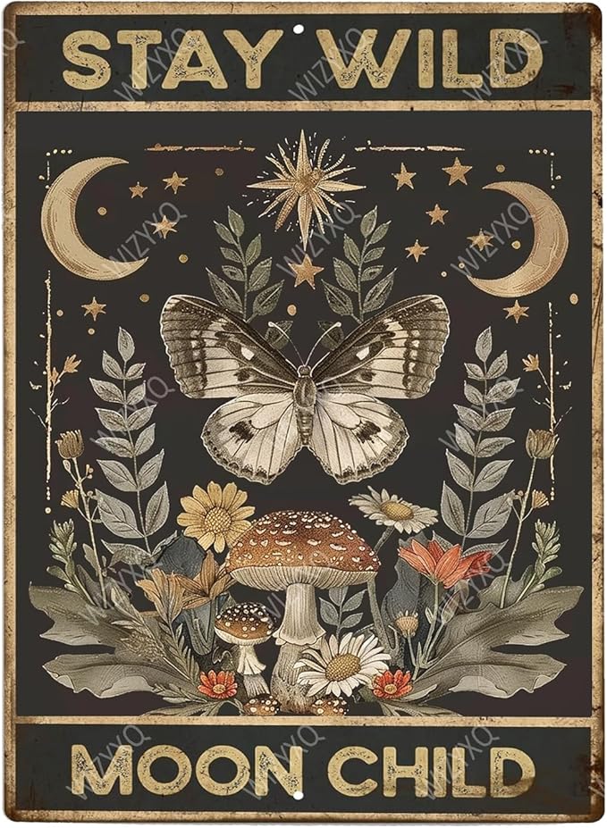 Funny Metal Signs Butterfly Stay Wild Moon Child Vintage Tin Sign Retro Wall Decor for Home Office Farmhouse Yard Garden Shop Cafe Indoor Outdoor 8×12 Inches