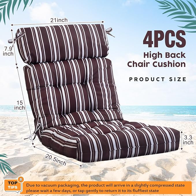 Barydat 4 Pcs Tufted High Back Chair Cushion Indoor Outdoor Seat and Back Cushions Palm Leaves Tropical Plants Lawn Rocking Chair Pads with Ties for Adirondack Patio Garden(Brown Stripes)