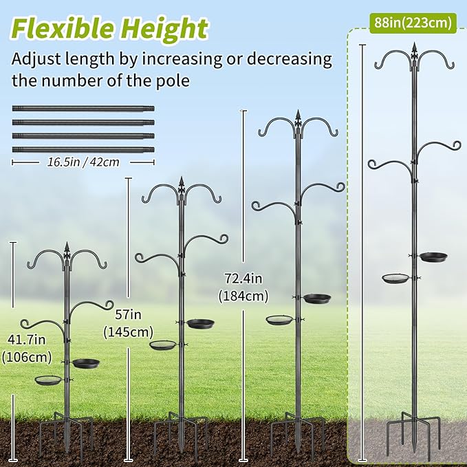 Bird Feeding Station, 88In Bird Feeder Pole Stand 4 Hook Heavy Duty Hummingbird Feeder Hanger Shepherds Hook for Outdoor, with Birds Bath and Mesh Tray, Black 1 Pack