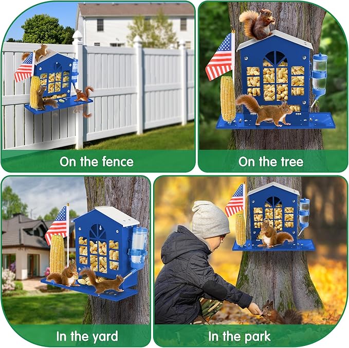Metal Squirrel Feeder for Outside, Hanging Squirrel House for Outdoors with Water Bottle, Flag and Corn Cobs Holder, Peanut Feeder for Chipmun, Blue