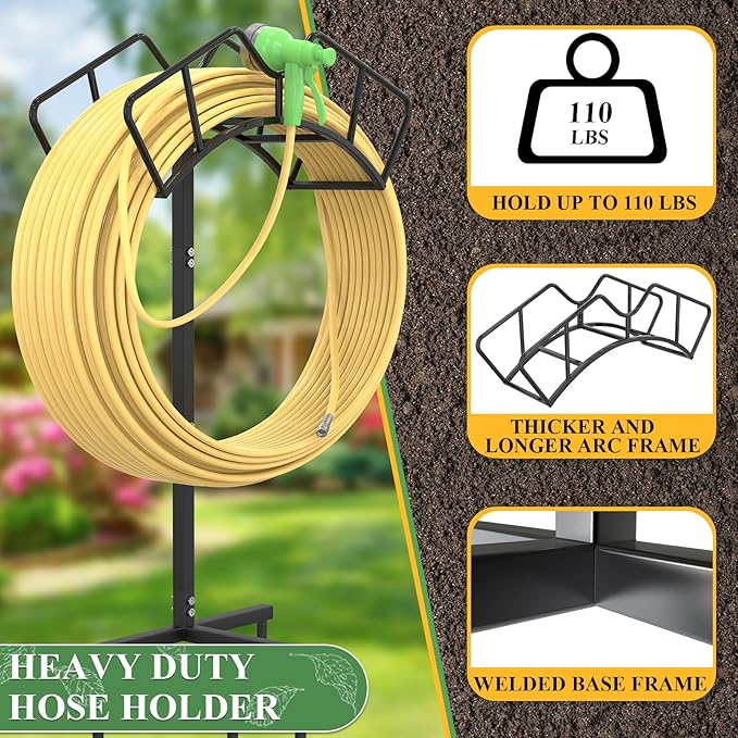 Super Stable Garden Hose Holder, Removable Water Hose Holders Stand Holds 150-Feet Hose, Detachable Hose Storage Hanger Rack for Outside Yard Lawn Farm, Black