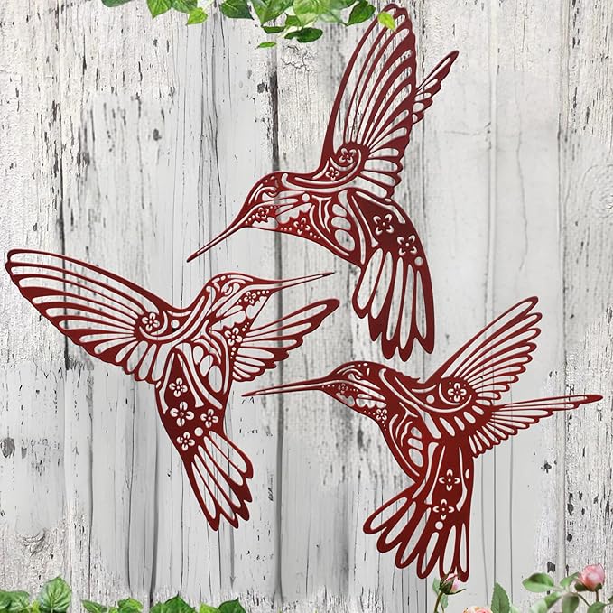 Metal Hummingbird Outdoor Wall Art Decor-Red Birds Wall Decorations Hanging Decor Ornaments-Modern Abstract Silhouette Wall Sculpture for Kitchen Patio Bedroom Living Room Bathroom Fence Balcony
