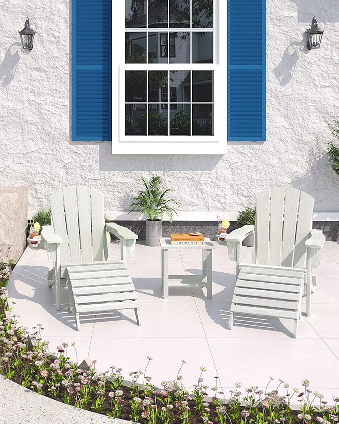 Folding Adirondack Chair Set of 5, All-Weather HDPE Outdoor Chair, Wooden Textured with Cup Holder for patios, Decks, Gardens, fire pits, White