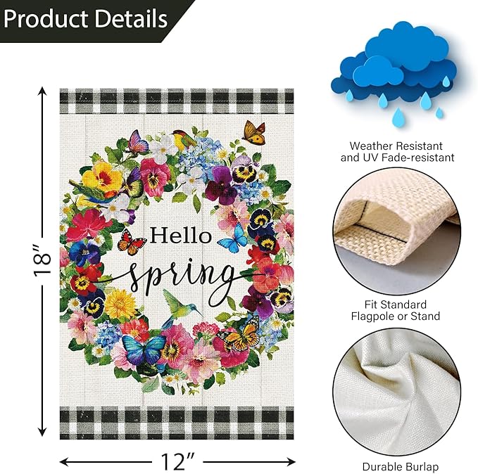 Louise Maelys Hello Spring Garden Flag Pansy Flower Butterfly Double Sided 12x18 Inch Floral Plaid Seasonal Welcome Small Burlap Holiday Yard Sign Outdoor Outside Home Decor