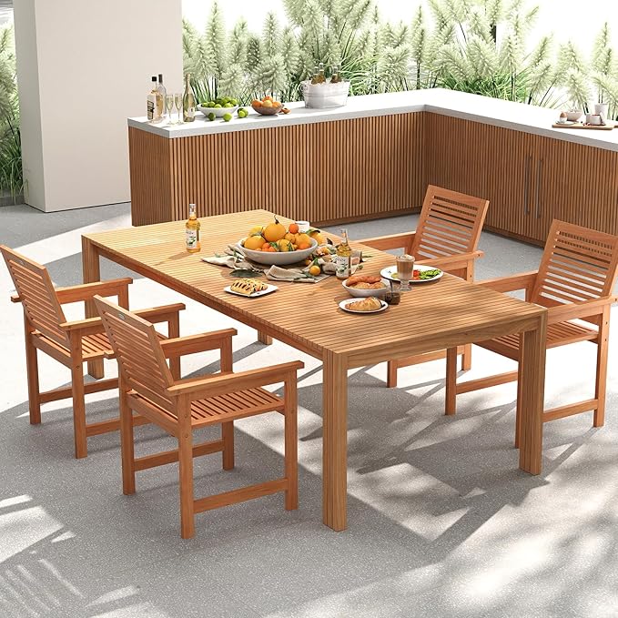 Tangkula 7-Piece Patio Wood Dining Table Set, Outdoor Rectangular Table and 6 Armchairs with 2" Umbrella Hole, Outside Furniture Set for Backyard, Poolside, Garden, Lawn