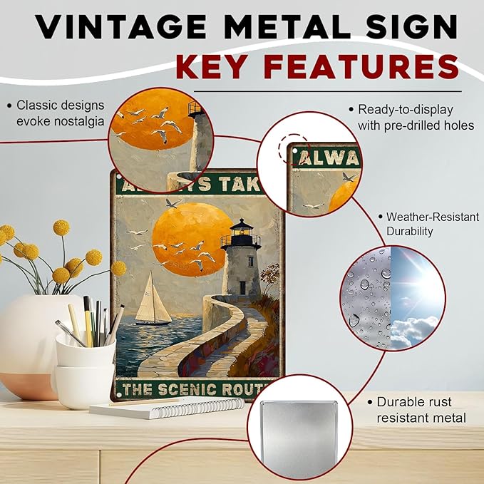 Vintage Inspired Quote Metal Tin Sign Always Take The Scenic Route Rustic Wall Art Plaque Retro Diner Garage Decor For Home Office Man Cave Shed 12x16inch