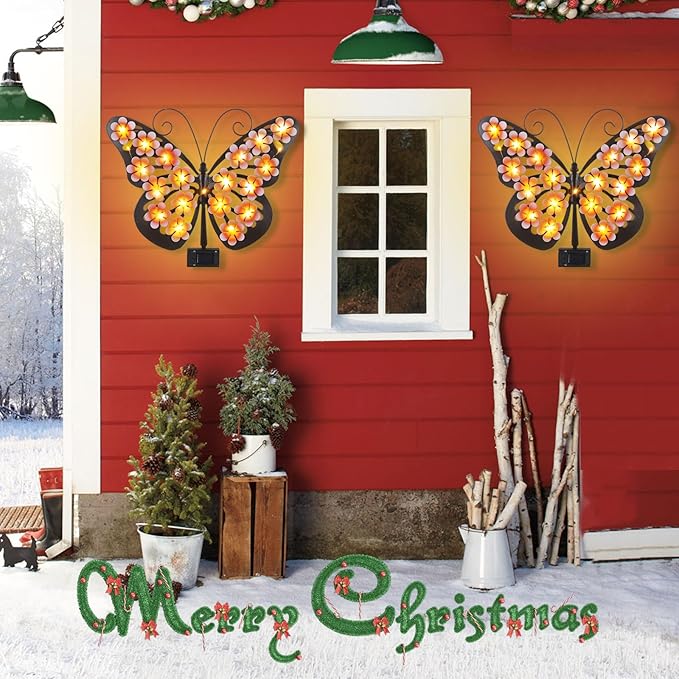 Solar Lights Outdoor Metal Butterfly Wall Decor with 30 Led - 13.5" Outdoor Fence Wall Art,Hanging Decoration for Garden Patio Porch Yard,Gifts for Women，Xmas Gifts for Mom Grandma