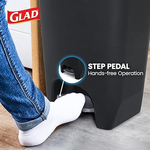 Glad 13 Gallon Trash Can | Plastic Kitchen Waste Bin with Odor Protection of Lid | Hands Free with Step On Foot Pedal and Garbage Bag Rings, Black