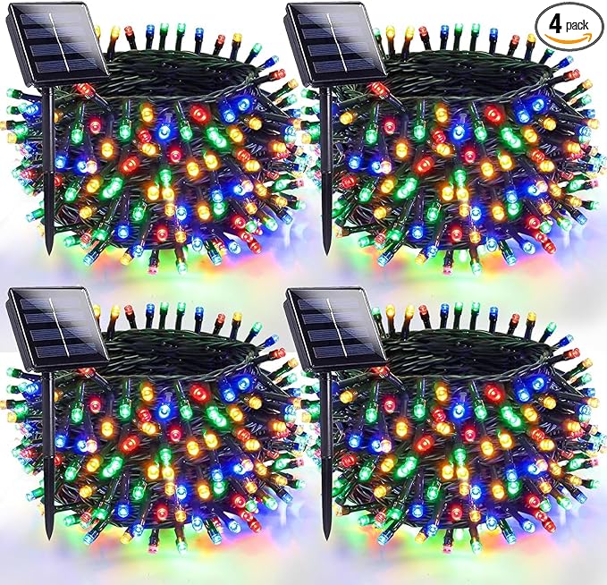 OZS 4 Pack 320LED Solar Christmas String Lights Outdoor, Waterproof 8 Modes Solar Tree Light, Green Wire Christmas Lights Outdoor for Garden, Party, Wedding, Christmas Decorations (Multicolor)