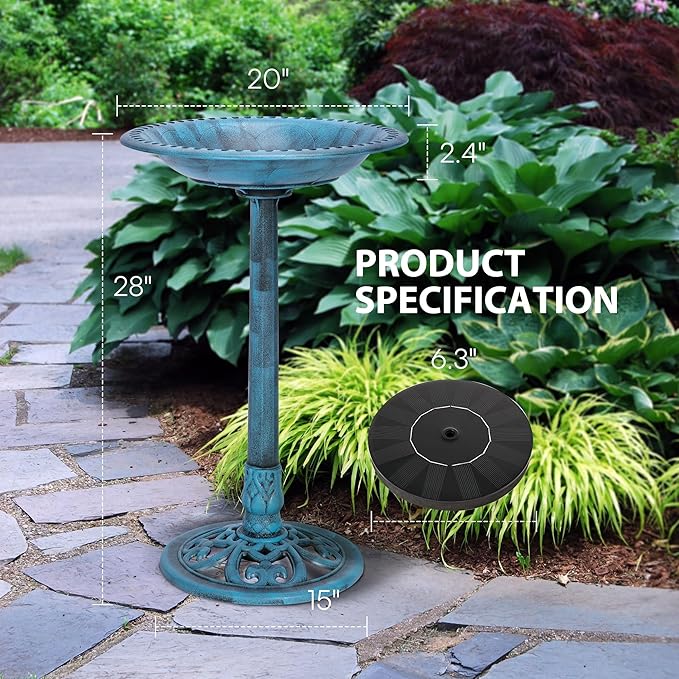 VIVOHOME Polyresin Antique Outdoor Blue Garden Bird Bath and Solar Powered Round Pond Fountain Combo Set