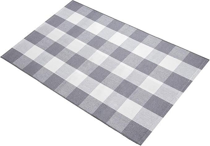 MUBIN Cotton Buffalo Plaid Rug, 27.5 x 43 in Grey and White Outdoor Rug Front Door Decorative Mat, Hand-Woven Foldable Rug for Layered Door Mats Washable Carpet for Front Porch, Entryway, Farmhouse