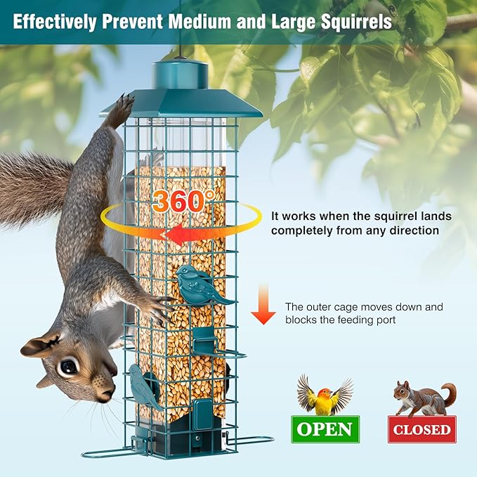 Squirrel Proof Metal Bird Feeder, Removable Base for Easy Cleaning, Weight Activated Cage, 3 Lbs Capacity, Sturdy and Rust-Resistant, Tube Bird Feeder for Outdoor Cardinals, Finches