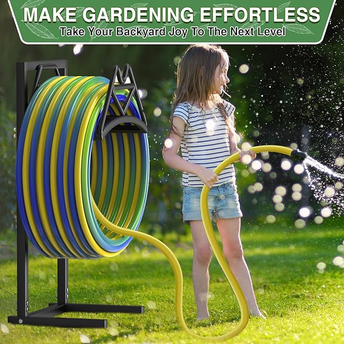 New Garden Hose Holder, Heavy Duty Freestanding Water Hose Holder Stand Holds 160-feet Hose, Detachable Hose Storage Reels Hanger Rack for Outside Yard Lawn Farm