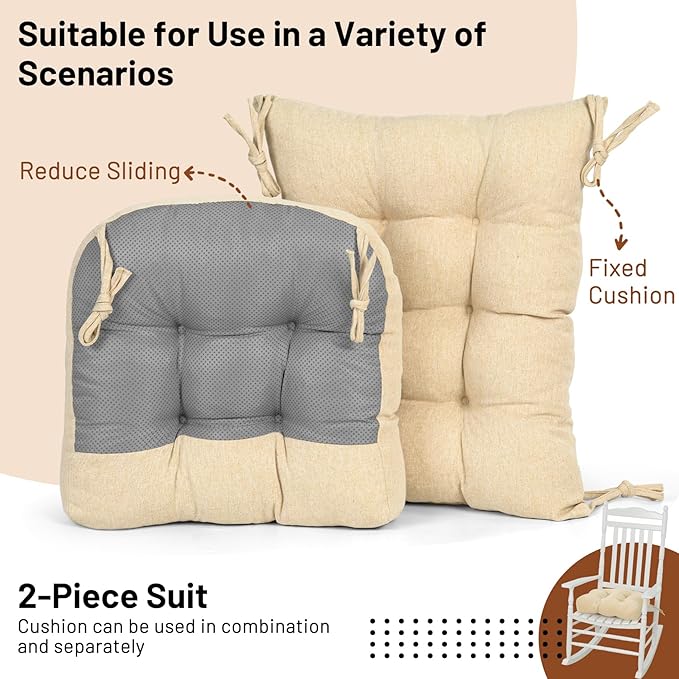 Lokex Rocking Chair Cushion 4 Inch Extra Thick, Cushions for Rocking Chairs Set of Seat and Back with Ties, Linen Fabric Indoor Outdoor Rocker, 17x21 & 17x17 Inches (Beige)