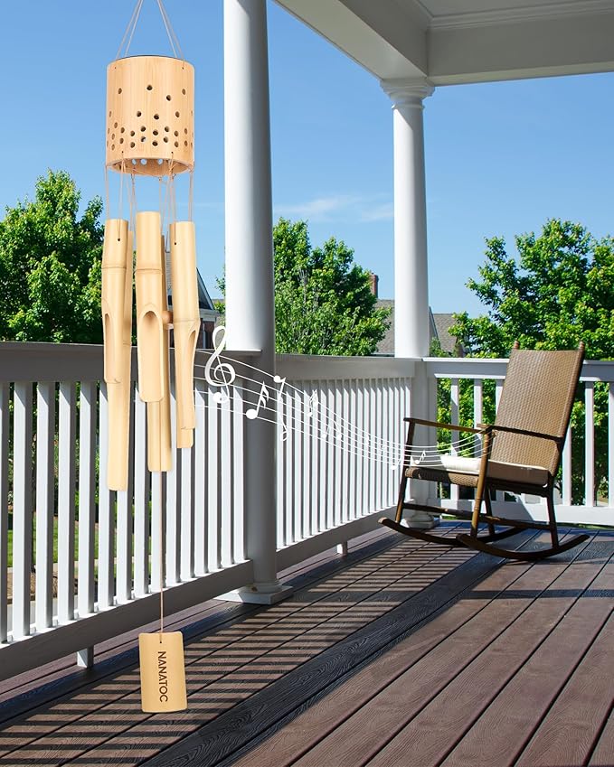 Bamboo Wind Chimes for Outside with Solar Accent Light, Outdoor Wooden Wind Chimes, 6 Bamboo Tubes, Deep Tone, Perfect for Patio, Garden, Porch, and Balcony Decor
