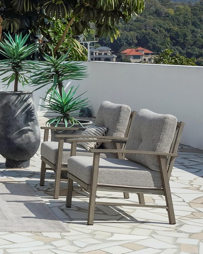 2 Pieces Outdoor Patio Chairs, Outdoor Aluminum Armchair Conversation Set with Thick Cushions, All Weather Patio Furniture Sofa Chairs Set for Garden, Poolside, Lawn, Limed Oak