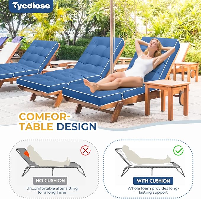 Outdoor Chaise Lounge Chair Cushion, Waterproof Non-Slip Patio Chaise Lounge Cushions for Outdoor Furniture, Thickened Patio Pool Lounger Chair Cushion, 76.4 x 22.8 x 4.7 Inches, Royal Blue