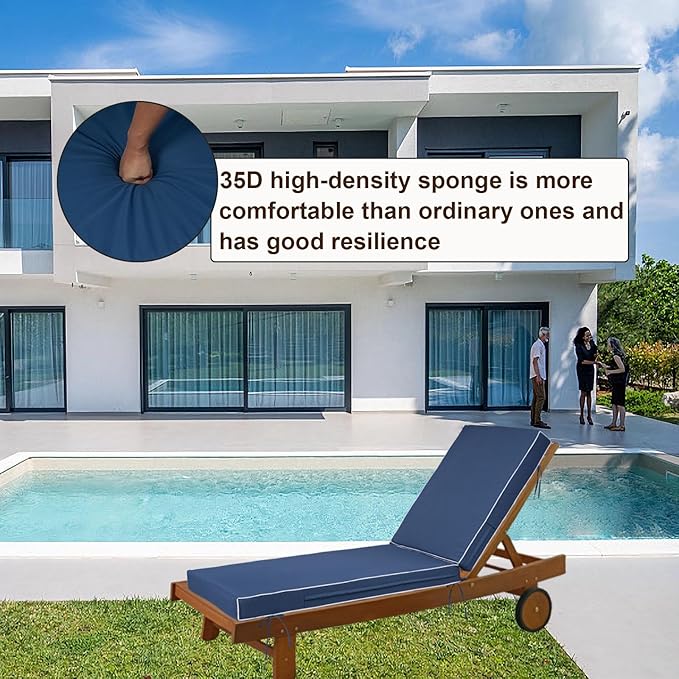Outdoor Chaise Lounge Cushions, 4 Inch Thick Waterproof Fade Resistant Patio Furniture Lounger Chair Cushion Pad for Pool (1, Blue + White Side, 72'' L x 21'' W x 4" T)