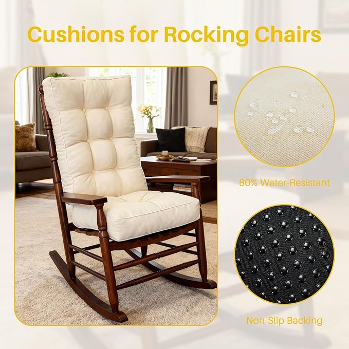 YZ HOME Rocking Chair Cushion, Set of Thicken Seat & Back Chair Cushions with Memory Foam, Non-Slip Chair Pad with Ties for for Indoor&Outdoor Rocker, Beige, 28 * 18 * 5/18x18x5