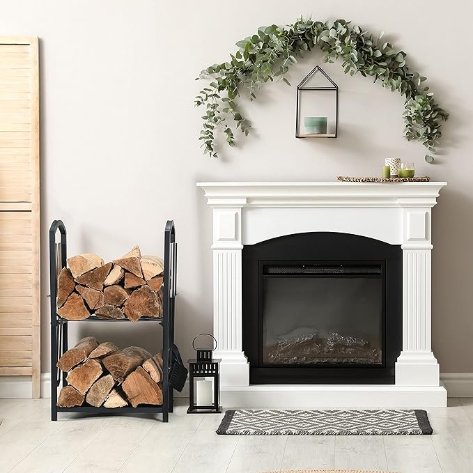HOME IT Firewood Rack Indoor Outdoor - 2-Tier Firewood Holder with Fireplace Tools Set, Brush, Shovel, Poker, Tongs - Waterproof Steel Pipe Log Holder, Black Stove Wrought Iron - 17x12x29