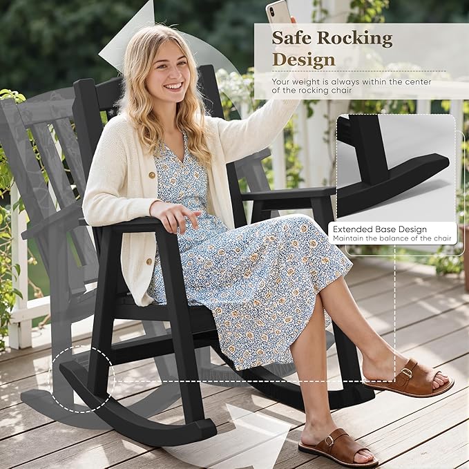 Greesum Outdoor Rocking Chair, 300lbs All-Weather Patio Rocker, Rust-Proof & UV-Resistant, Comfortable Smooth Glide for Deck, Porch, Lawn, or Garden, Black