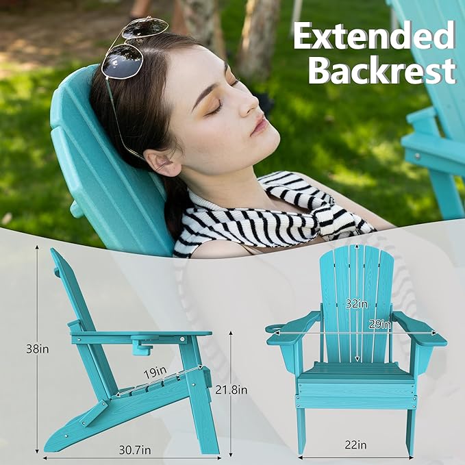 Plawdlik Folding Adirondack Chair Set of 6 with Cup Holder，Wooden Textured ，Heavy All-Weather HDPE Comfortable Set Poolside Backyard Lawn, Aruba Blue