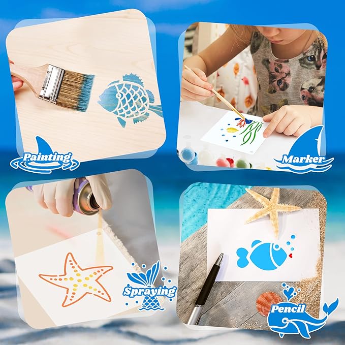 Fainne 100 Pcs 2 Inch Stencils Small Stencils for Painting on Wood Reusable Painting Templates Crafts for DIY Scrapbook, Wood, Wall, Fabric, Rock, Chalkboard, Sign(Marine Life)
