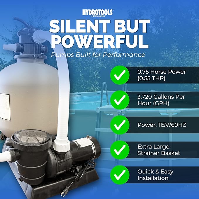 SWIMLINE HYDROTOOLS 16 Inch Pool Sand Filter Pump For Above Ground & Inground Pool | Complete System 3/4 HP (0.55 THP) Horsepower 3720 GPH Pumps | For Pools Up To 15600 Gallons | 7 Way Valve | 71610