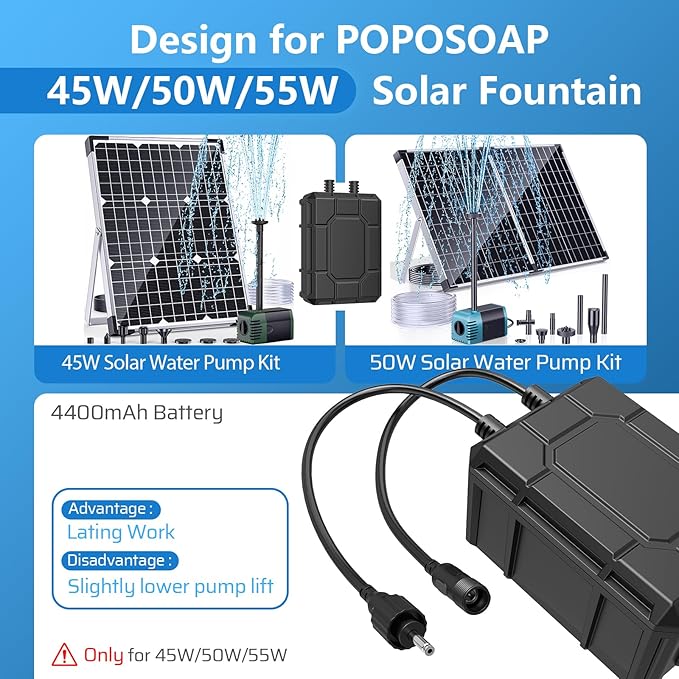 POPOSOAP 4400mAh Battery Backup for Solar Fountain Pump, 14.8V-16.8V Battery Backup Solar Water Fountain Only for 50W/55W/70W Solar Water Fountain Pump Kit