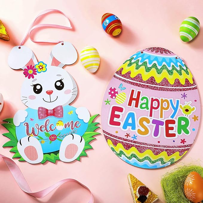 Jetec 2 Pieces Easter Door Decorations Glitter Happy Easter Egg Hunt Wooden Hanger Easter Egg Bunny Hanging Door Wall Welcome Sign for Home Indoor Outdoor Easter Decor Supplies