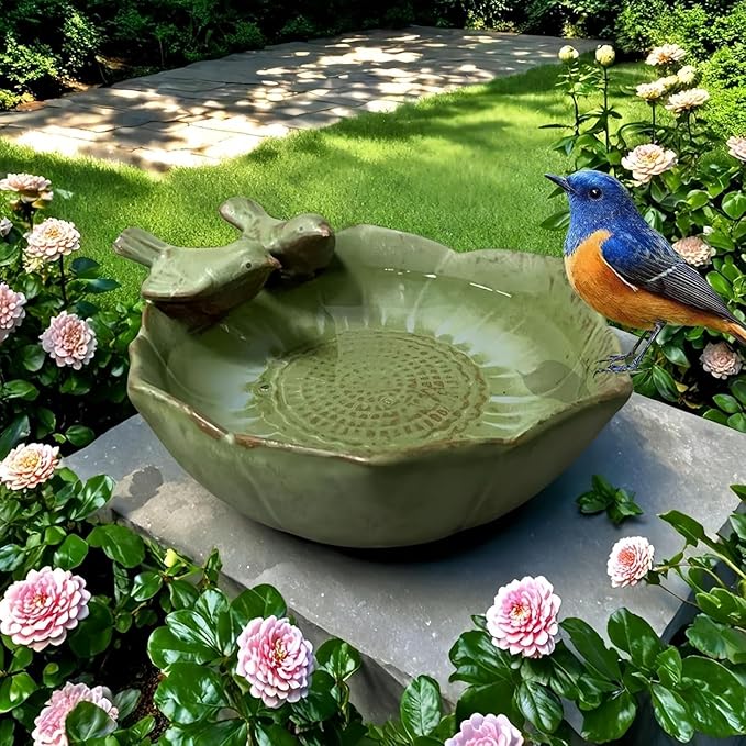 Ceramic Bird Bath for Outdoors,Ground & Tabletop Decor, Ground Feeders Bird Bath Feeding Bowl for Outdoors, Garden Deck, Balcony,Yard, Lawn. (Small birdbath)