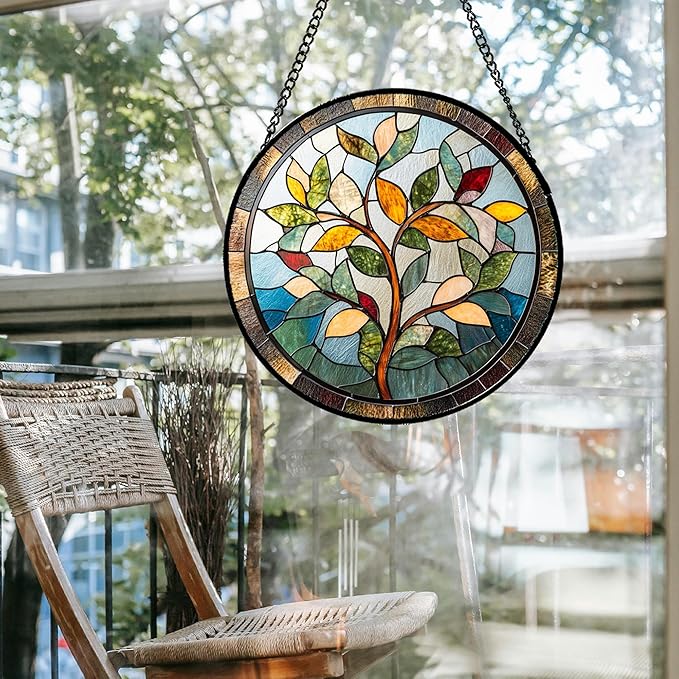 Stained Glass Window Hanging Colorful Tree of Life 9.8" - Plant Leaves Suncatcher Door Garden Sun Catcher Home Decor Birthday Christmas for Mom Men Woman Nana Friend