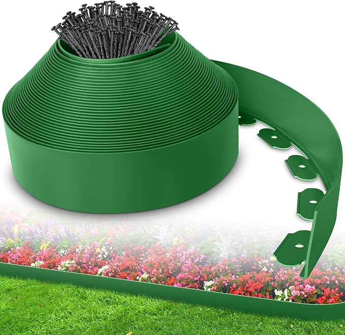 4-Inch x 100 FT Landscape Edging Border with 150 Stakes, Plastic Garden Edging Border Kit, Flexible No Dig Lawn Edging Border for Garden Flower Beds Yard Pathway Paver (Green)