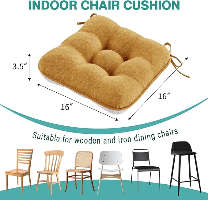 BETU Chair Cushions for Dining Chairs Set of 6,3.5" Thick Kitchen Table Chair Pads with Ties,Non Slip Backing and Covers, Seat Cushion for Dining Room,Bar,Patio Chairs,16"X16"X3.5",Yellow