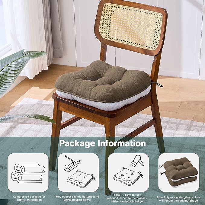 BETU Chair Cushions for Dining Chairs Set of 6,3.5" Thick Kitchen Table Chair Pads with Ties,Non Slip Backing and Covers, Seat Cushion for Dining Room,Bar,Patio Chairs,16"X16"X3.5",Brown
