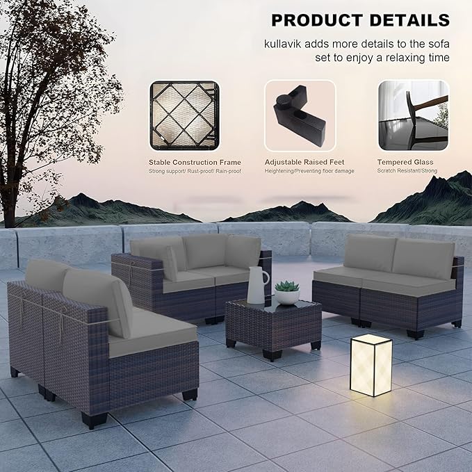 Kullavik 12PCS Outdoor Patio Furniture Set,PE Wicker Rattan Sectional Sofa Patio Conversation Sets with Tempered Glass Table,Swivel Rocking Chairs Set,Grey