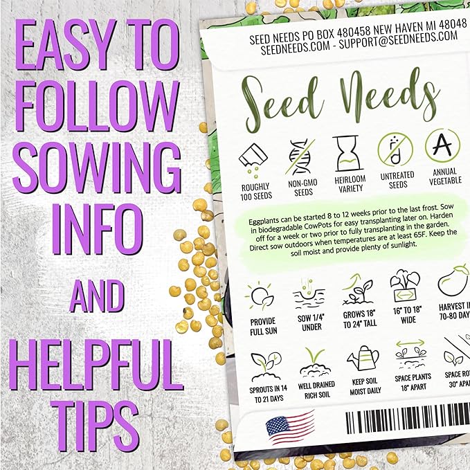Seed Needs Eggplant Seeds for Planting Long Purple Eggplants - Non-GMO Heirloom & Untreated Annual Crops - Grow a Home Grown Vegetable Garden Outdoors (1 Pack)