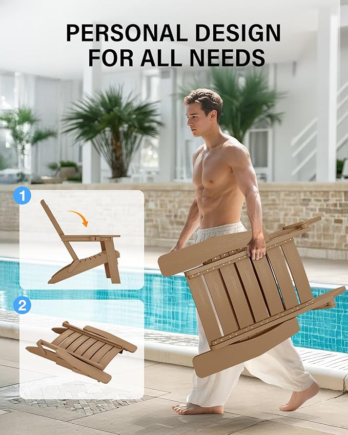 YEFU Adirondack Chair, Folding Adirondack Chairs with Arc Back & Cup Holder, Weather Resistant Plastic Oversized Chair for Outdoor Patio Lawn Garden Backyard Deck Fire Pit, Teak