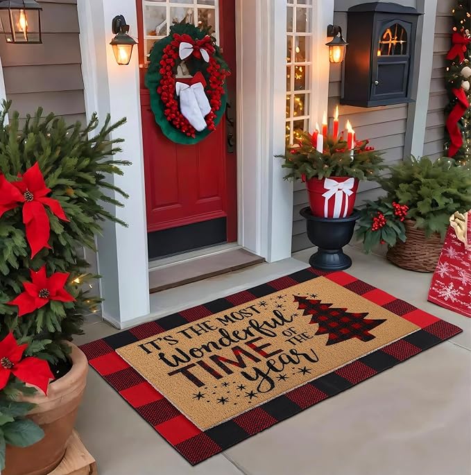 Tinideya 2 Pcs Christmas Tree Door Mat Welcome Non Slip Coir Mats Merry Xmas Black Red Buffalo Plaid Floor Layering Doormats Seasonal for Front Porch Entryway Decor(Christmas Tree)