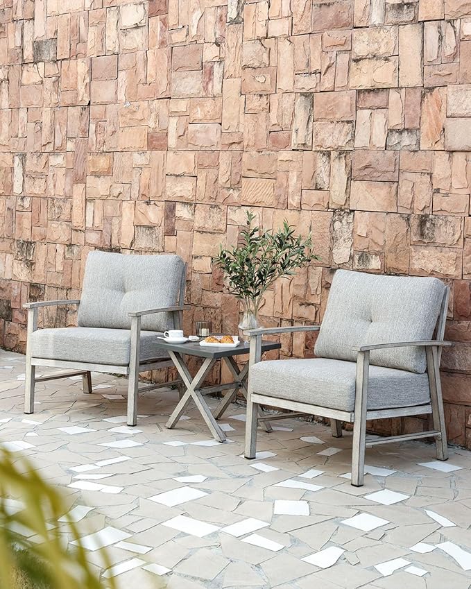 Outdoor Patio Chairs Set of 2, Outdoor Aluminum Armchair Conversation Set with Thick Cushions, 2 Pieces All Weather Patio Furniture Sofa Chairs Set for Garden, Poolside, Lawn, White Oak